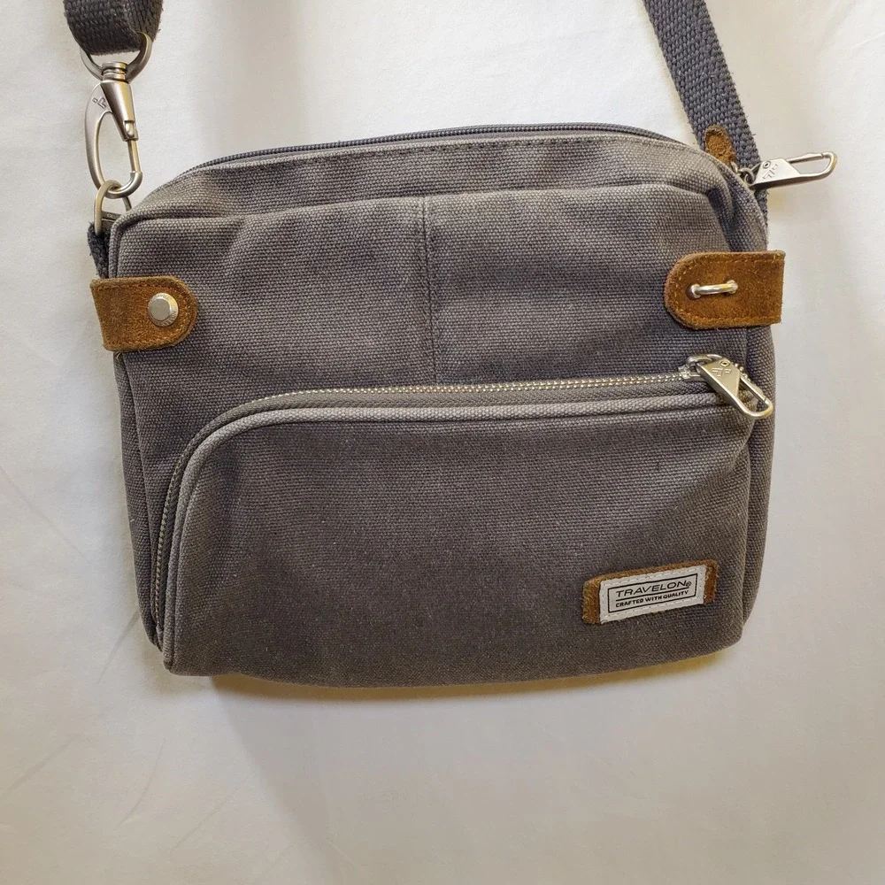 Travelon Crossbody Bag Gray Canvas Travel Secure RFID Travel Purse 8.5×10.5×1.5